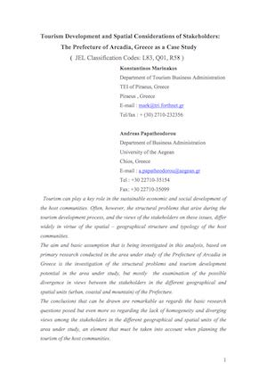 Marinakos, K. and Papatheodorou, A. (2008) Tourism Development and Spatial Considerations of Stakeholders: The Prefecture of Arcadia, Greece as a Case Study. European Economics and Finance Society 2008 Conference in Prague, Czech Republic.